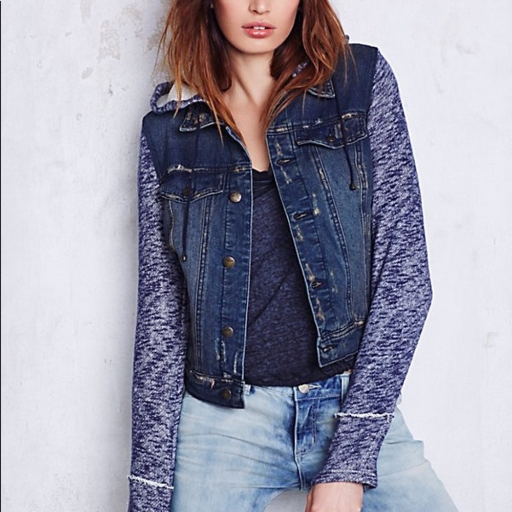 Free People Knit Hooded Denim Jacket